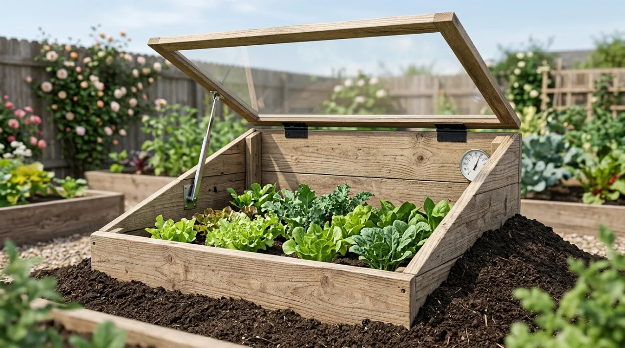 A cold frame with the lid open, facing south