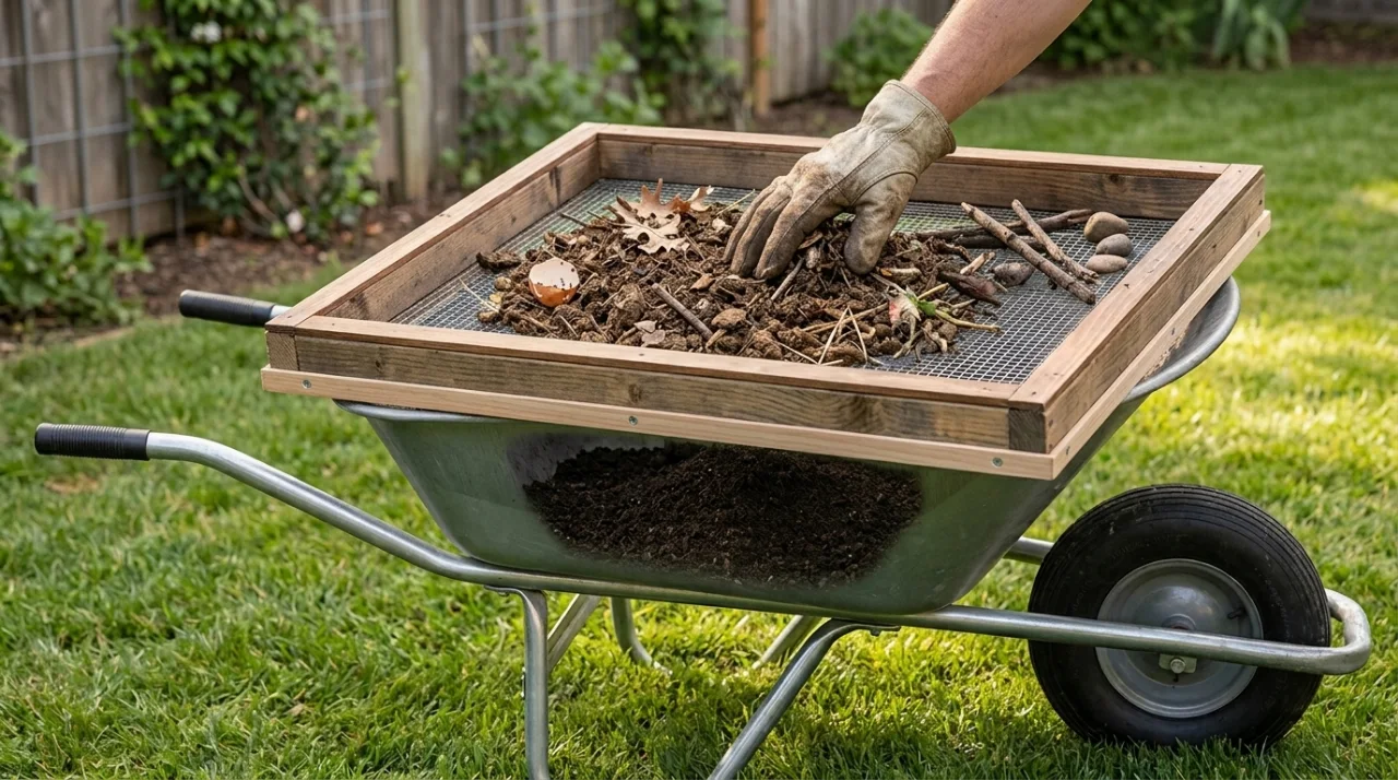A compost sifter resting on a wheelbarrow