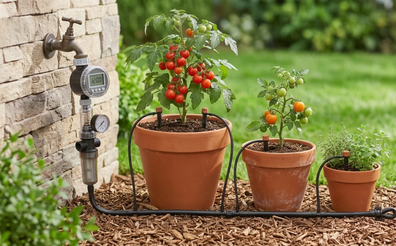 Drip irrigation for a row of pots