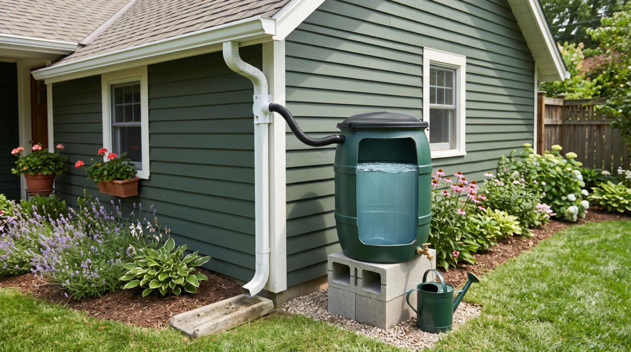 A rain barrel beside the house, cut away to show the water