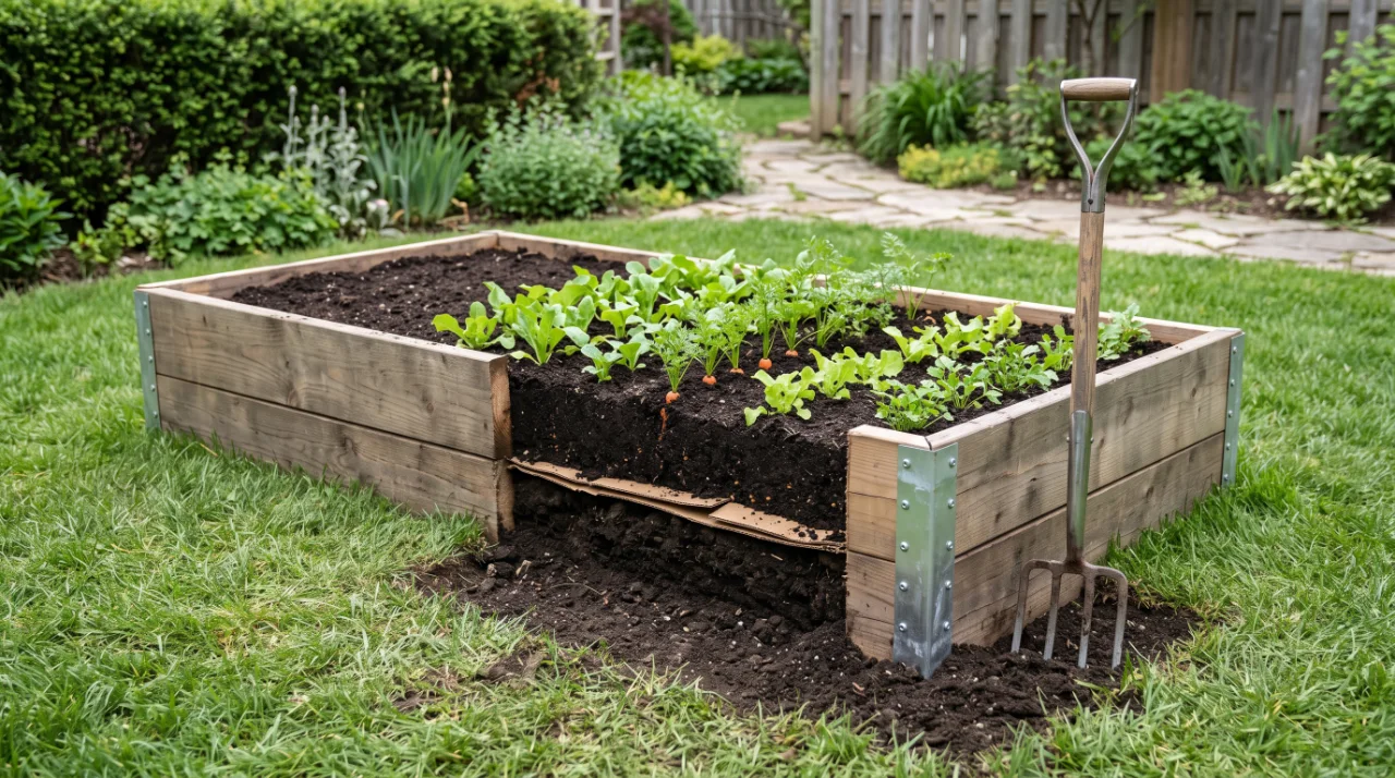 Cutaway of a 4 by 8 foot raised bed