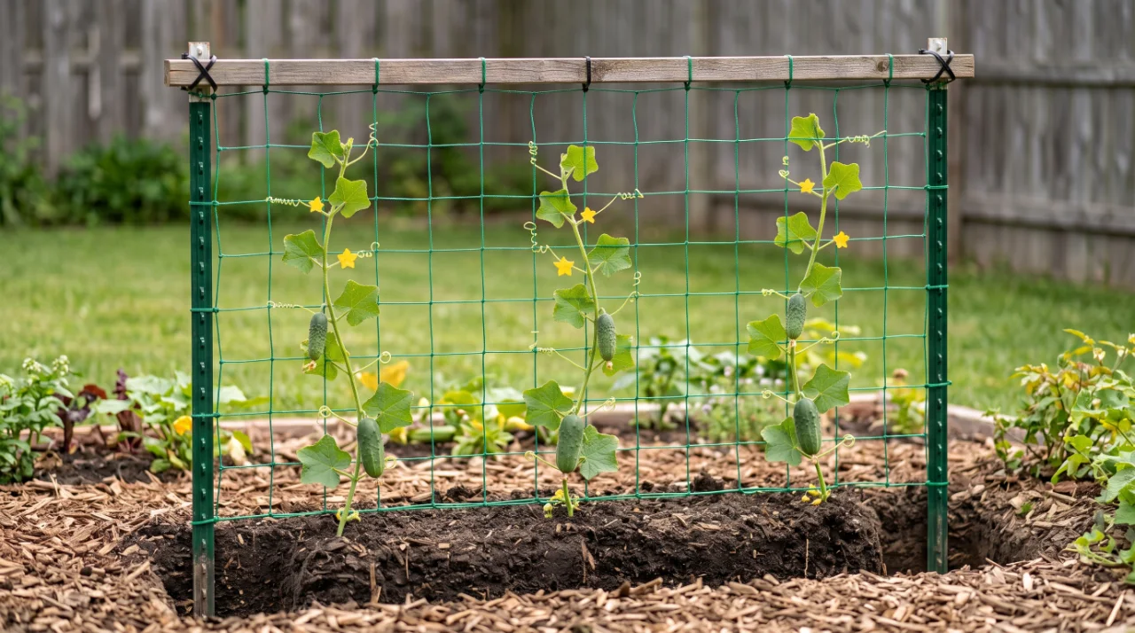 A net trellis for cucumbers, with the soil cut away at the posts