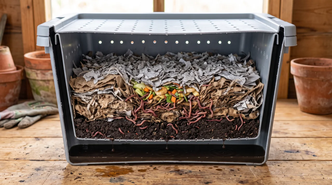 Cross-section of a two-bin worm composter